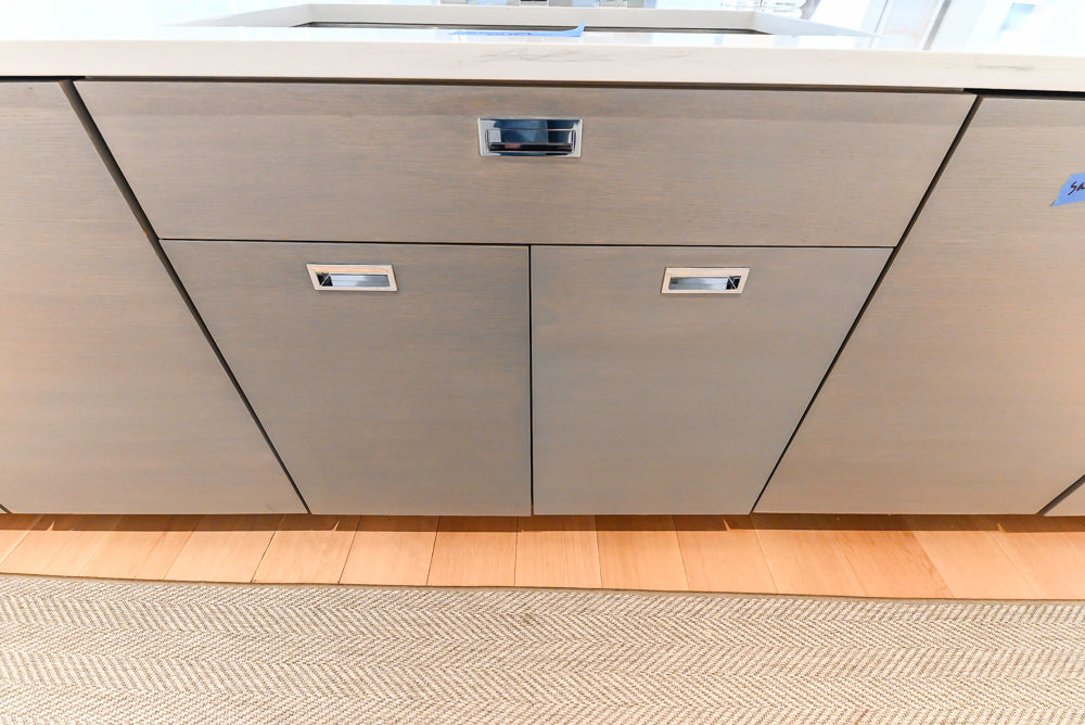 Brubaker Modern White Lacquered Kitchen with Waterfall Island and Stone Countertops