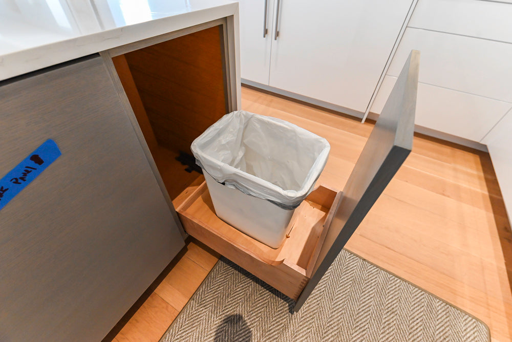 Brubaker Modern White Lacquered Kitchen with Waterfall Island and Stone Countertops