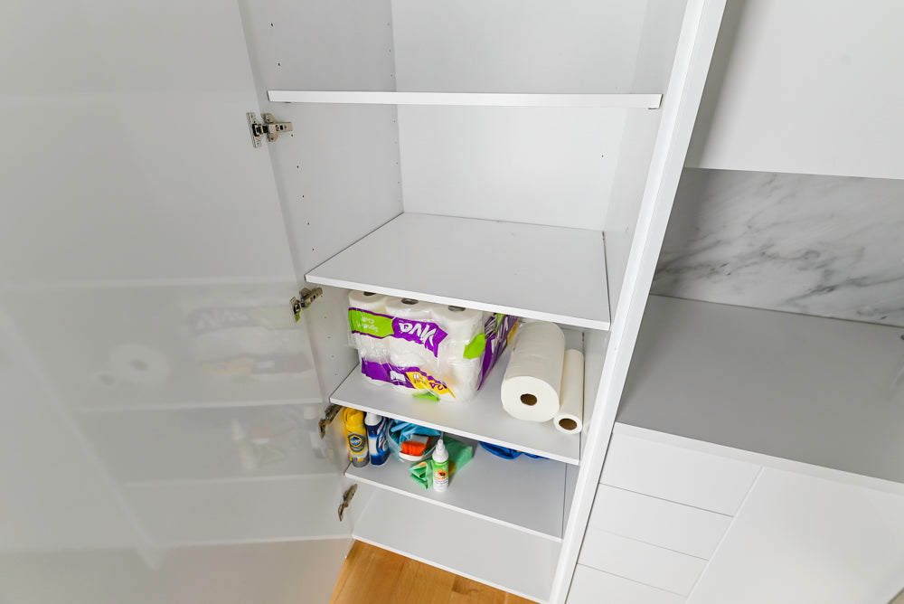 Brubaker Modern White Lacquered Butler's Pantry with Stone Countertops and Ice Maker