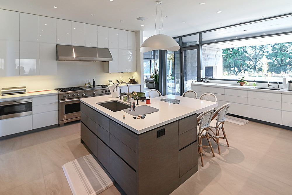 Custom Modern White Gloss Kitchen with Island, Stone Countertops and 60" Wolf Range
