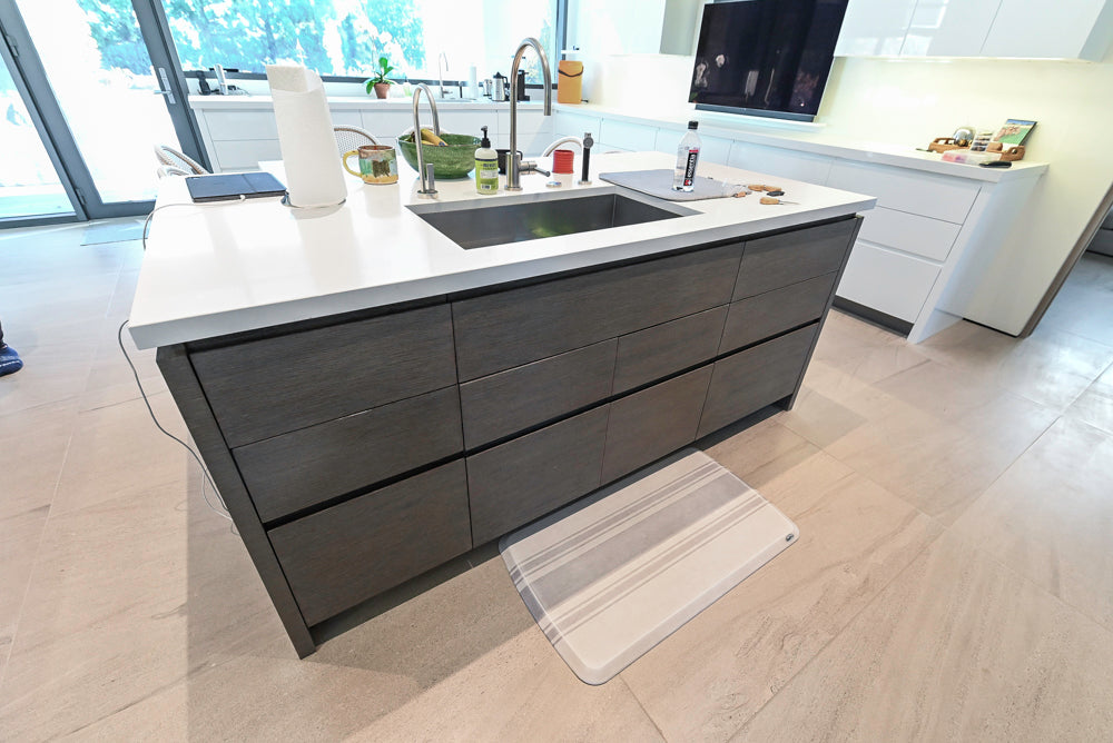 Custom Modern White Gloss Kitchen with Island, Stone Countertops and 60" Wolf Range