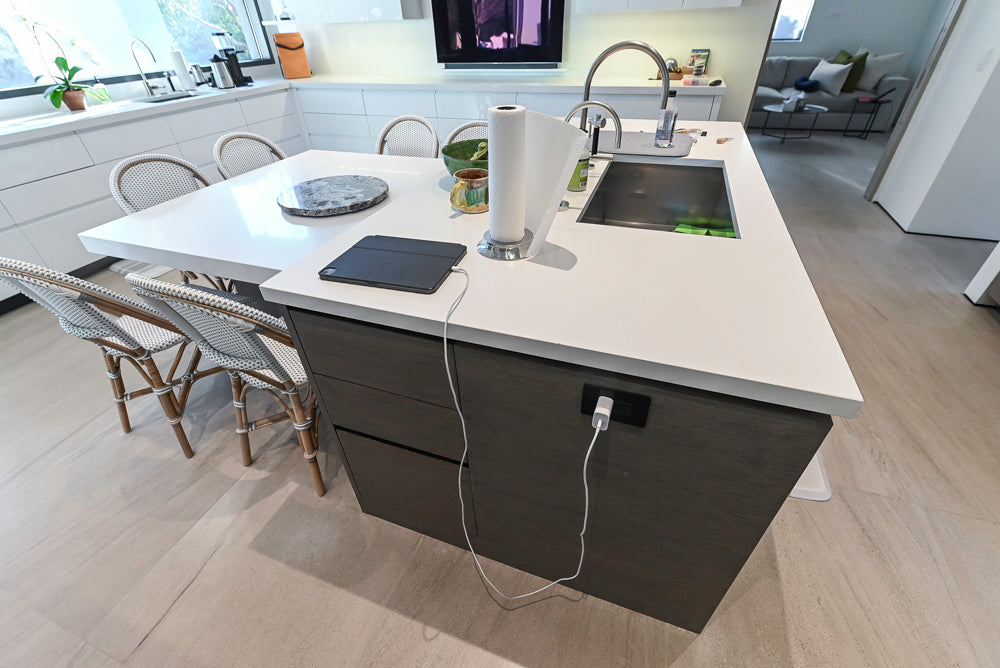 Custom Modern White Gloss Kitchen with Island, Stone Countertops and 60" Wolf Range