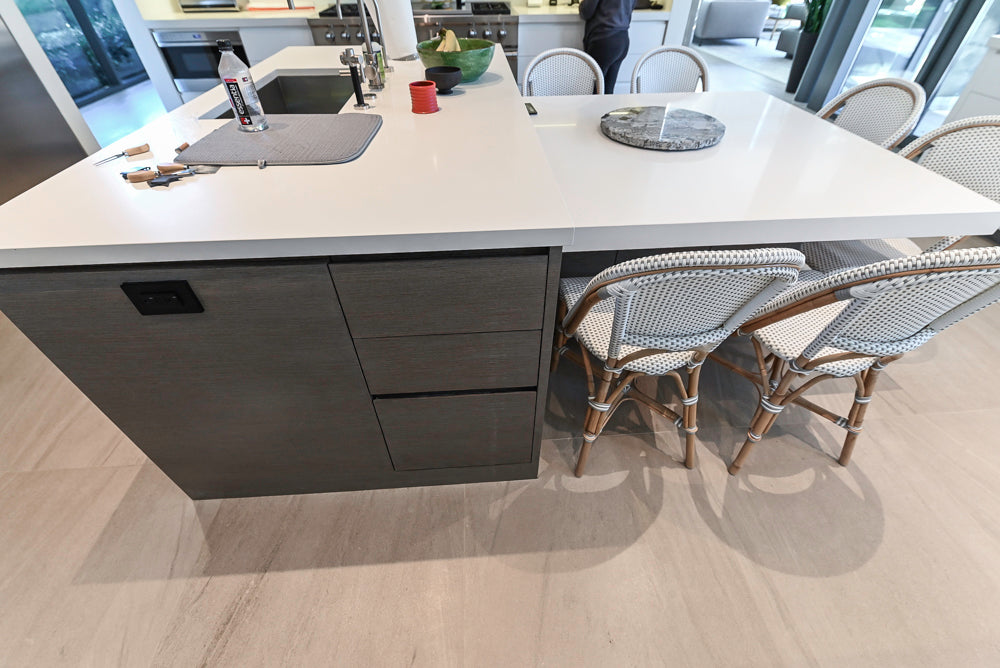 Custom Modern White Gloss Kitchen with Island, Stone Countertops and 60" Wolf Range