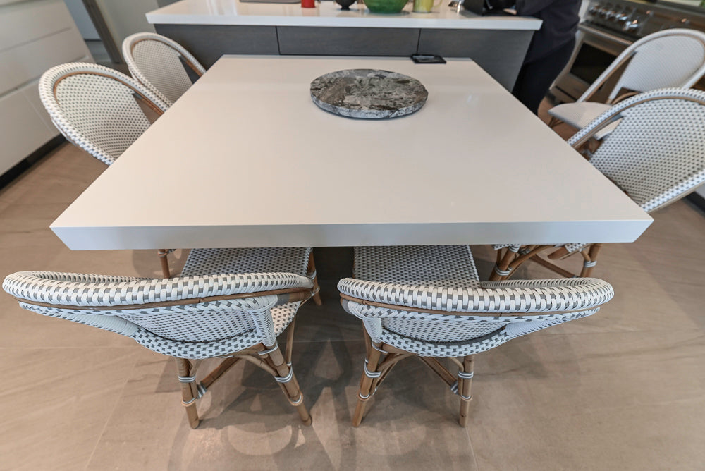 Custom Modern White Gloss Kitchen with Island, Stone Countertops and 60" Wolf Range