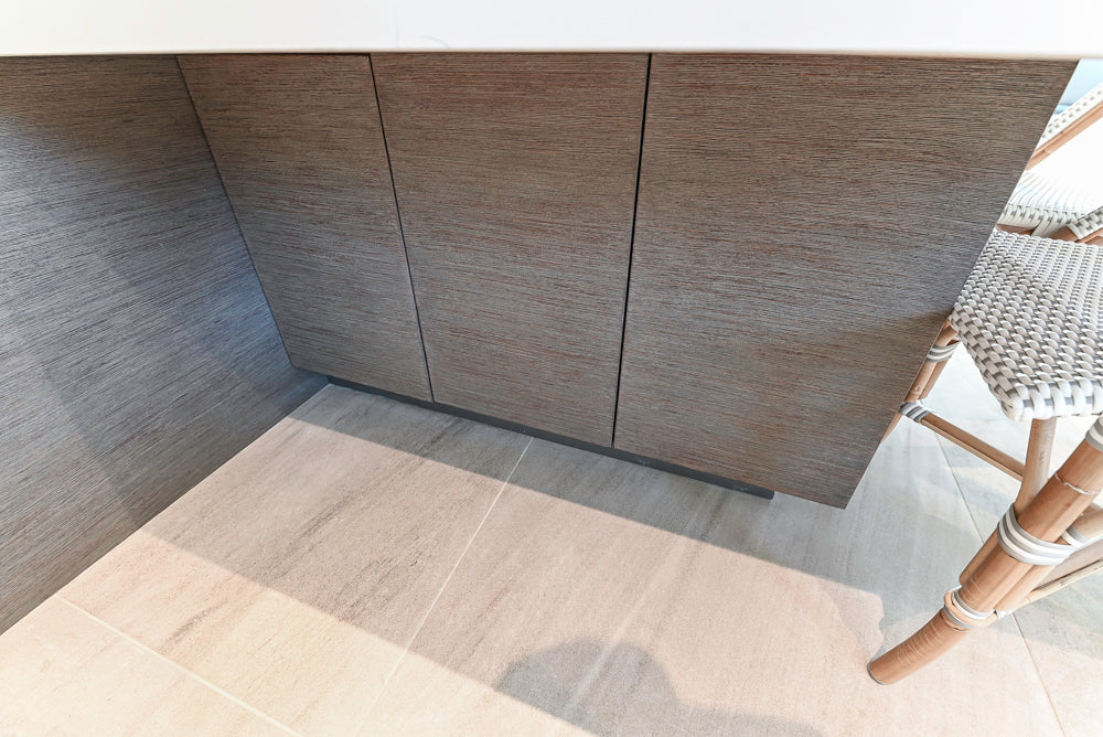 "The Arden" Modern White Gloss Kitchen with Island, Stone Countertops and 60" Wolf Range