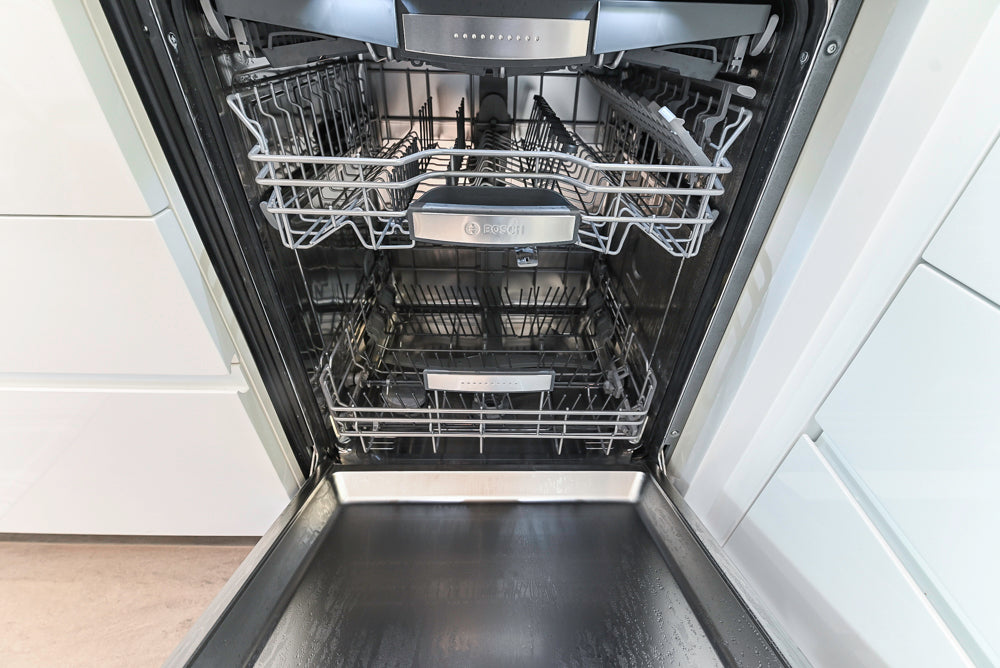 "The Arden" Modern White Gloss Kitchen with Island, Stone Countertops and 60" Wolf Range