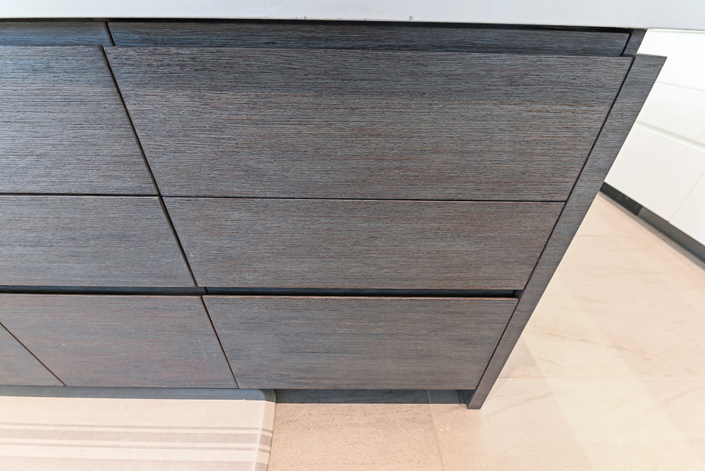 "The Arden" Modern White Gloss Kitchen with Island, Stone Countertops and 60" Wolf Range