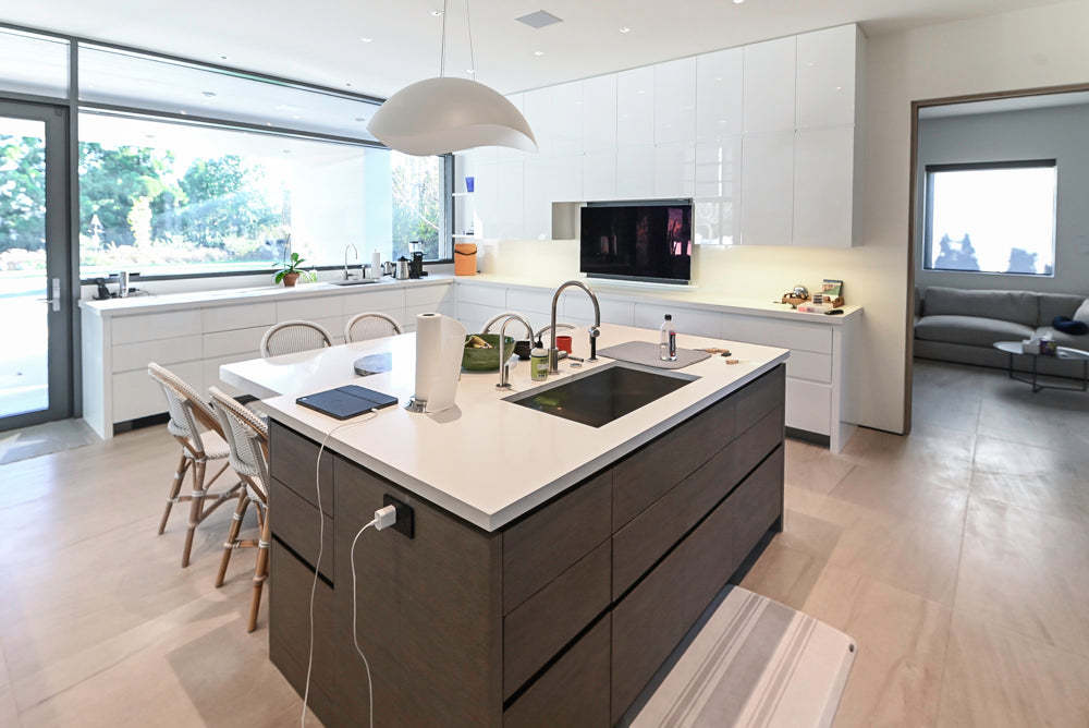 Custom Modern White Gloss Kitchen with Island, Stone Countertops and 60" Wolf Range