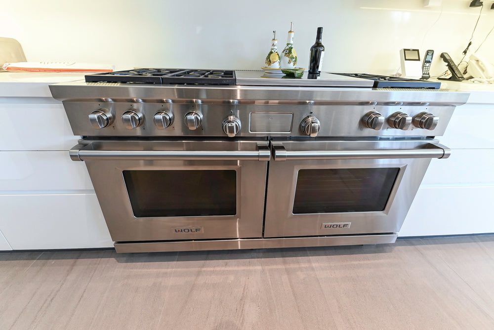 "The Arden" Modern White Gloss Kitchen with Island, Stone Countertops and 60" Wolf Range