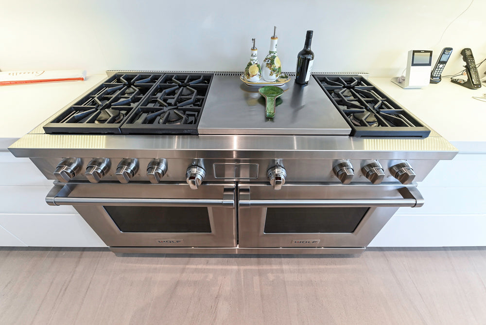 "The Arden" Modern White Gloss Kitchen with Island, Stone Countertops and 60" Wolf Range