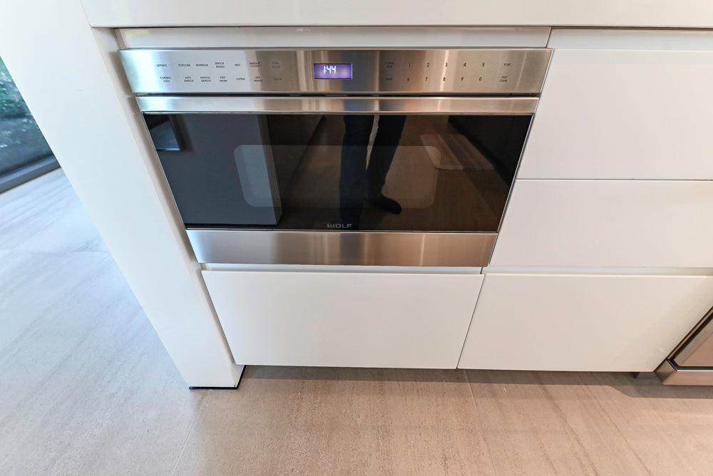 "The Arden" Modern White Gloss Kitchen with Island, Stone Countertops and 60" Wolf Range