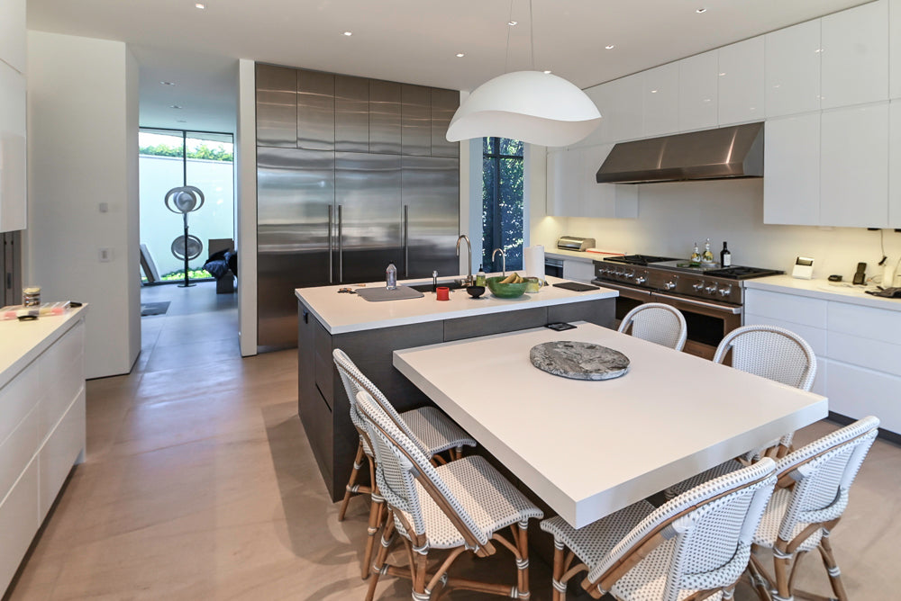 Custom Modern White Gloss Kitchen with Island, Stone Countertops and 60" Wolf Range