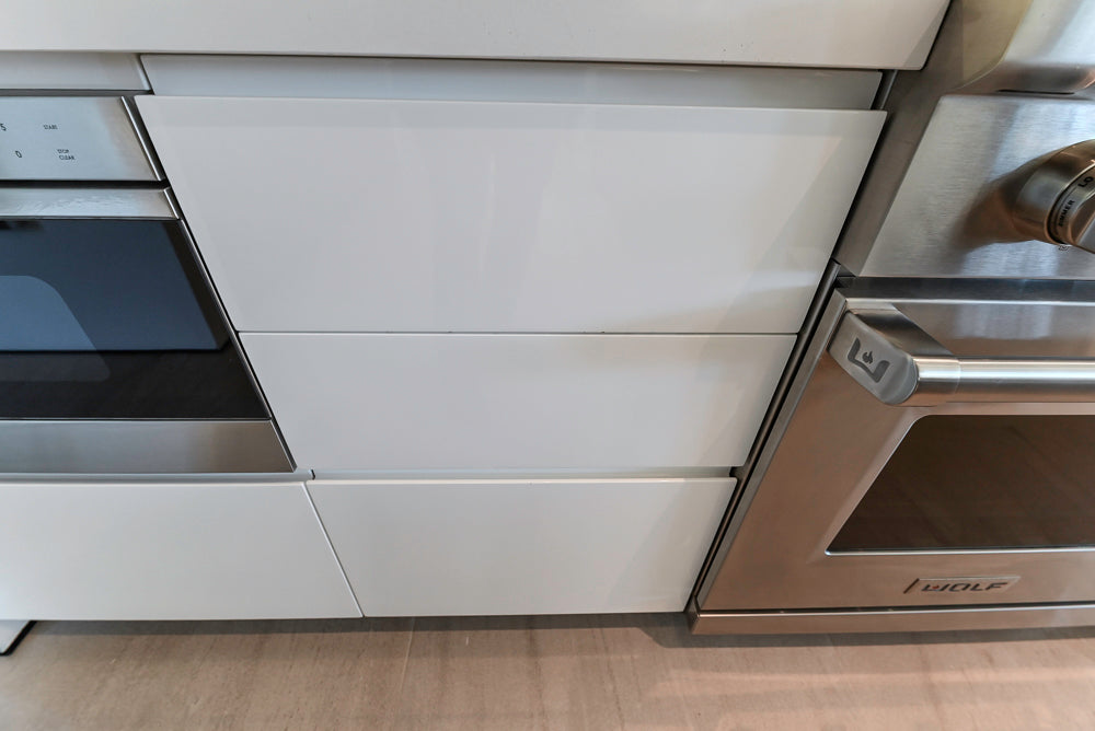 "The Arden" Modern White Gloss Kitchen with Island, Stone Countertops and 60" Wolf Range