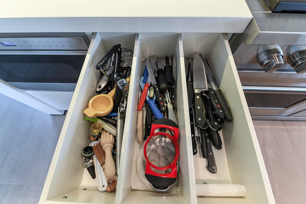 "The Arden" Modern White Gloss Kitchen with Island, Stone Countertops and 60" Wolf Range