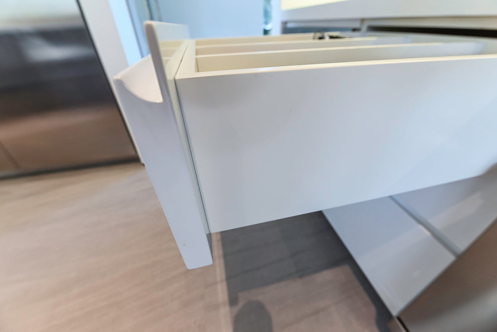 "The Arden" Modern White Gloss Kitchen with Island, Stone Countertops and 60" Wolf Range