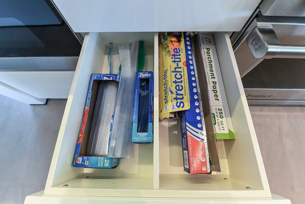 "The Arden" Modern White Gloss Kitchen with Island, Stone Countertops and 60" Wolf Range