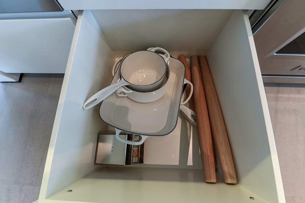 "The Arden" Modern White Gloss Kitchen with Island, Stone Countertops and 60" Wolf Range