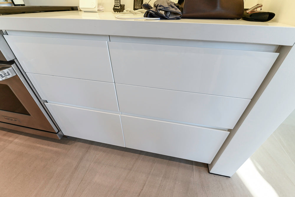 "The Arden" Modern White Gloss Kitchen with Island, Stone Countertops and 60" Wolf Range