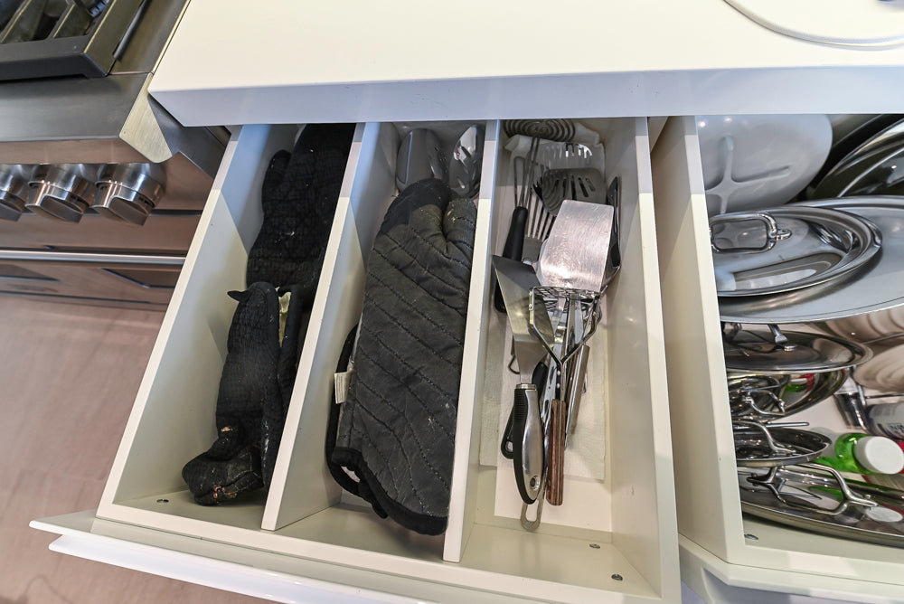 "The Arden" Modern White Gloss Kitchen with Island, Stone Countertops and 60" Wolf Range