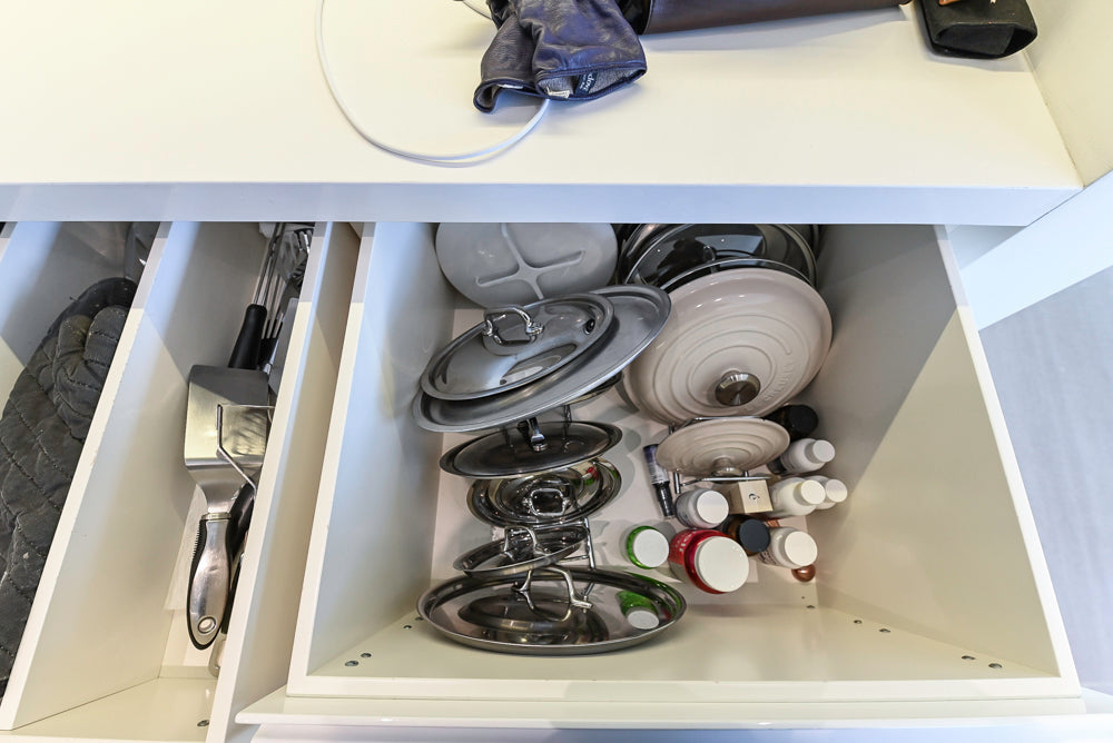 "The Arden" Modern White Gloss Kitchen with Island, Stone Countertops and 60" Wolf Range