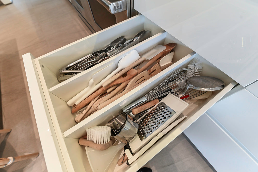 "The Arden" Modern White Gloss Kitchen with Island, Stone Countertops and 60" Wolf Range