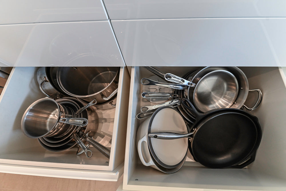 "The Arden" Modern White Gloss Kitchen with Island, Stone Countertops and 60" Wolf Range