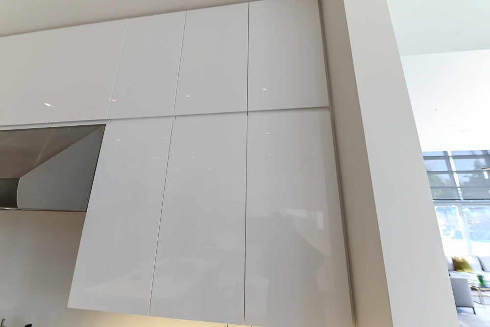 "The Arden" Modern White Gloss Kitchen with Island, Stone Countertops and 60" Wolf Range