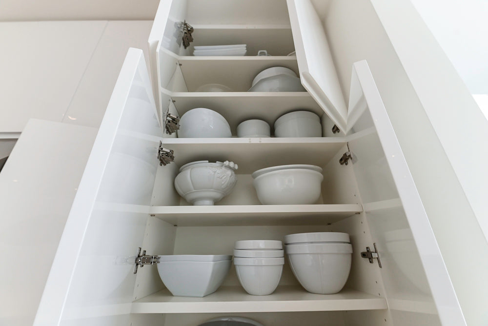 "The Arden" Modern White Gloss Kitchen with Island, Stone Countertops and 60" Wolf Range