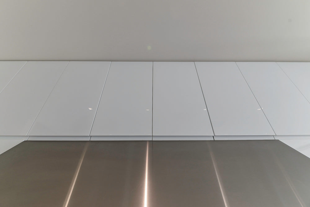 "The Arden" Modern White Gloss Kitchen with Island, Stone Countertops and 60" Wolf Range