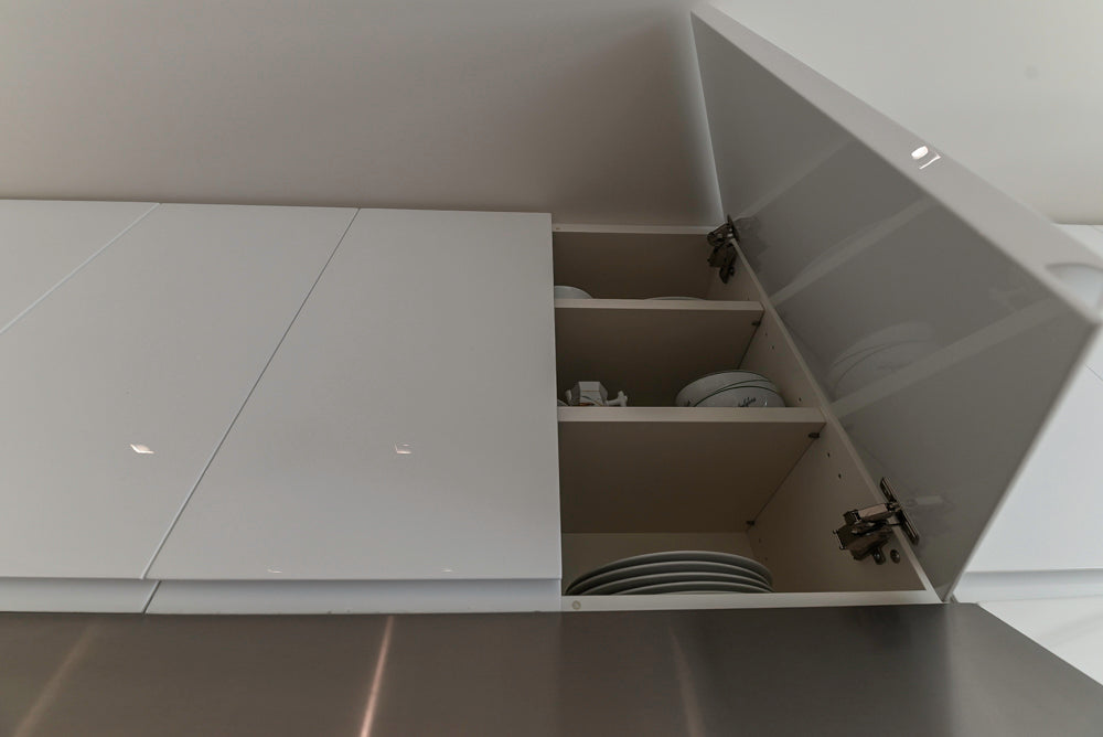 "The Arden" Modern White Gloss Kitchen with Island, Stone Countertops and 60" Wolf Range