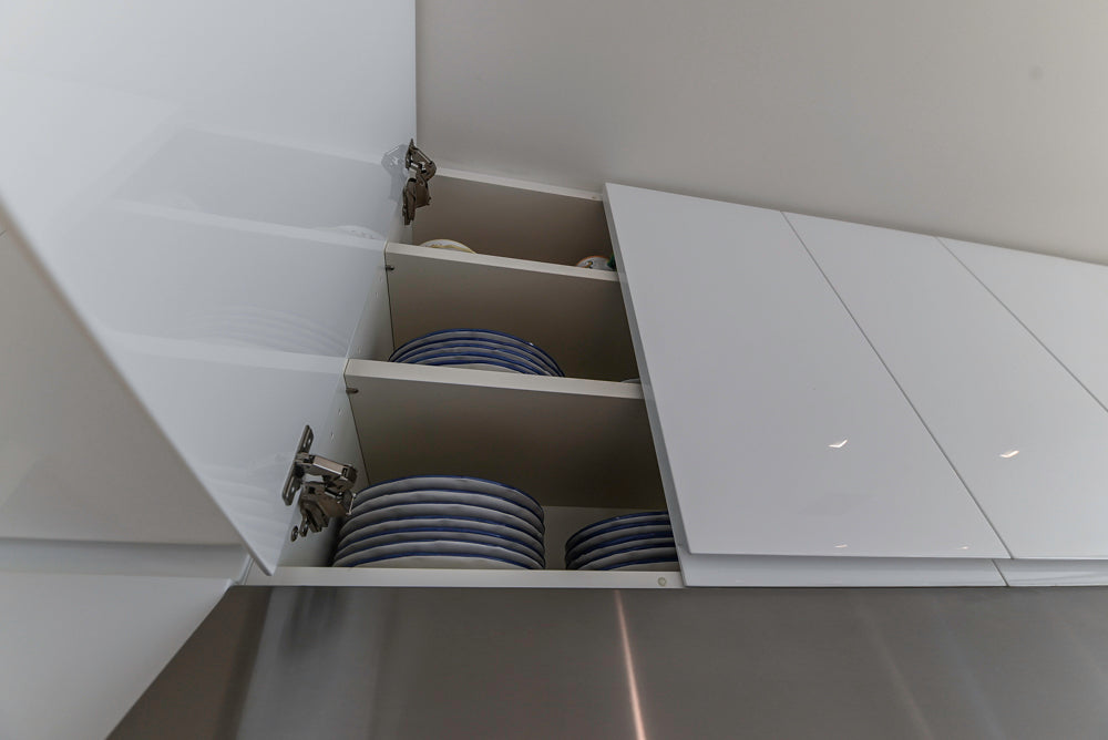 "The Arden" Modern White Gloss Kitchen with Island, Stone Countertops and 60" Wolf Range