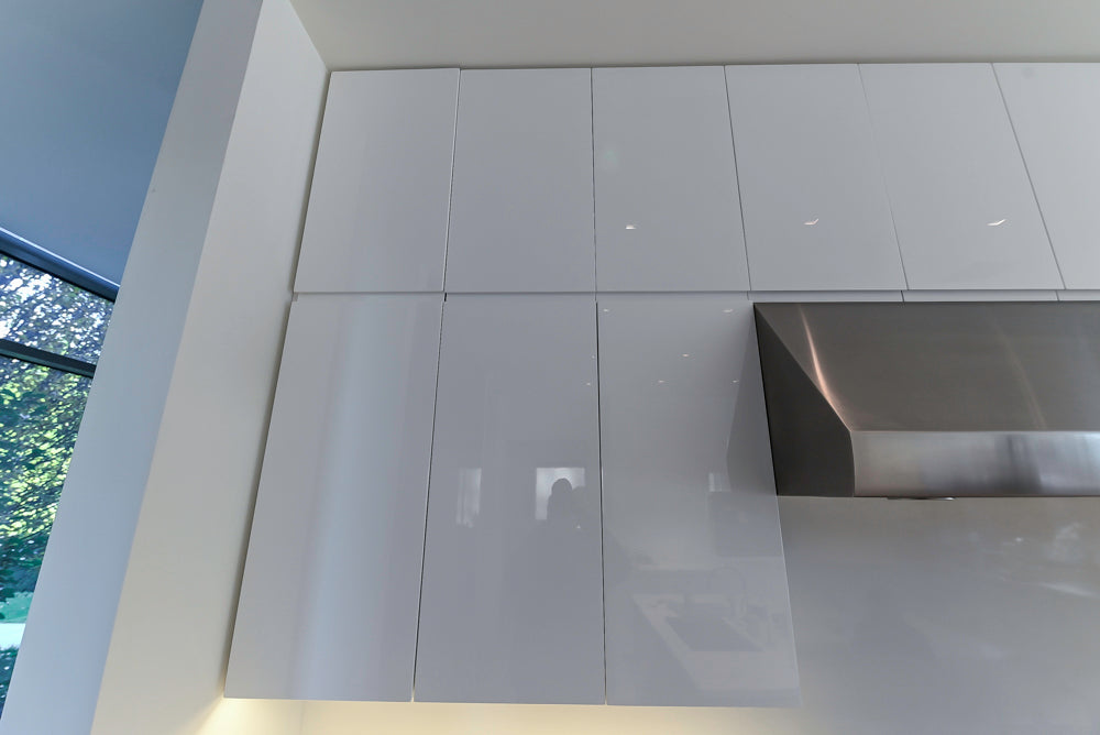 "The Arden" Modern White Gloss Kitchen with Island, Stone Countertops and 60" Wolf Range