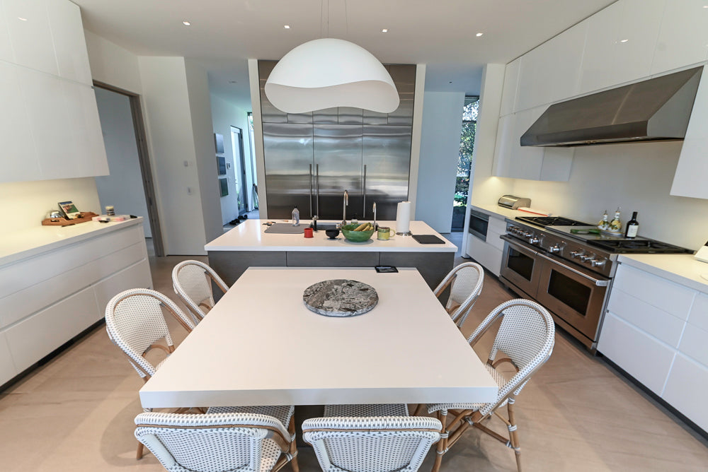 Custom Modern White Gloss Kitchen with Island, Stone Countertops and 60" Wolf Range