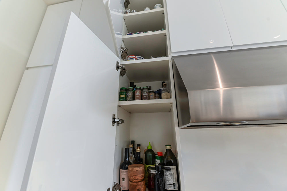 "The Arden" Modern White Gloss Kitchen with Island, Stone Countertops and 60" Wolf Range