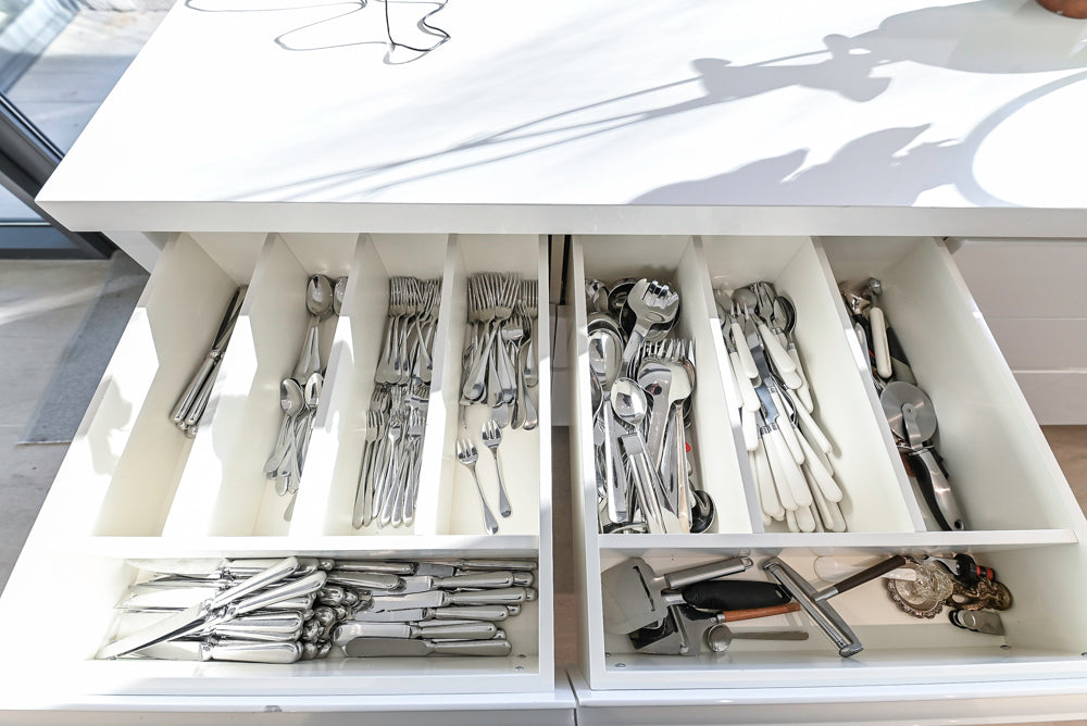 "The Arden" Modern White Gloss Kitchen with Island, Stone Countertops and 60" Wolf Range