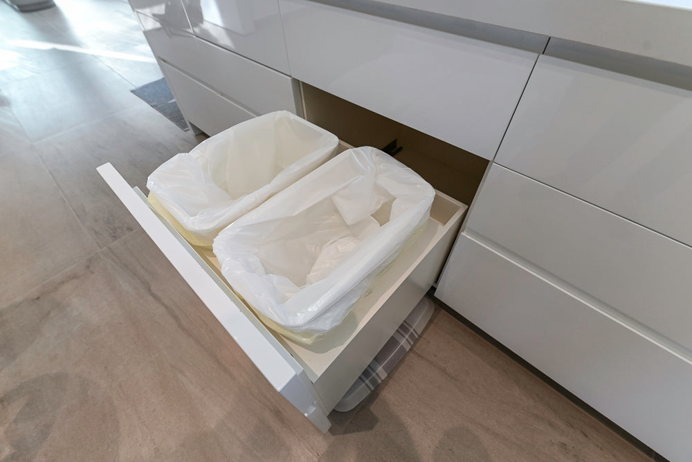 "The Arden" Modern White Gloss Kitchen with Island, Stone Countertops and 60" Wolf Range