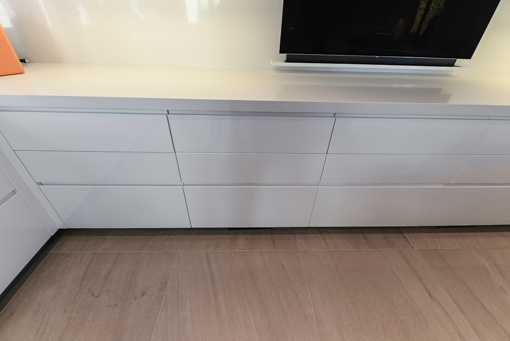 "The Arden" Modern White Gloss Kitchen with Island, Stone Countertops and 60" Wolf Range