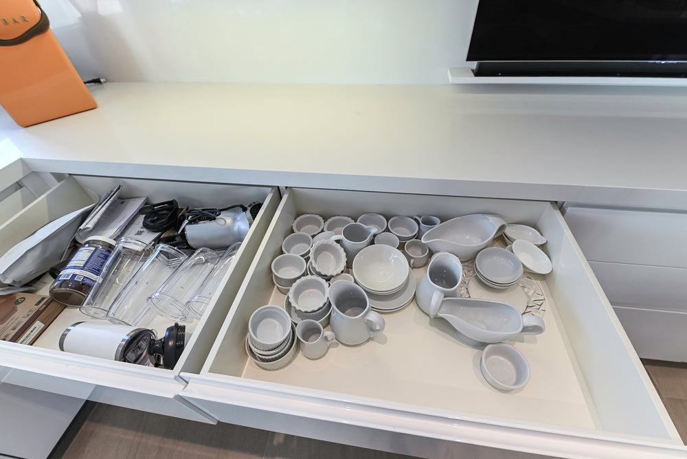 "The Arden" Modern White Gloss Kitchen with Island, Stone Countertops and 60" Wolf Range