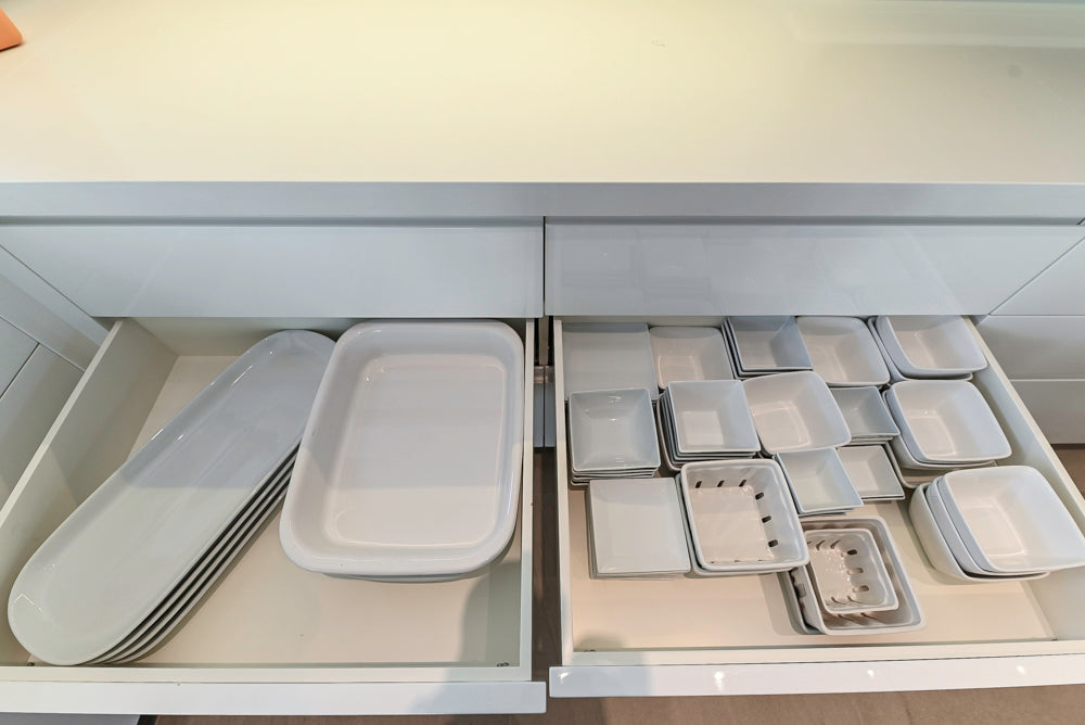 "The Arden" Modern White Gloss Kitchen with Island, Stone Countertops and 60" Wolf Range