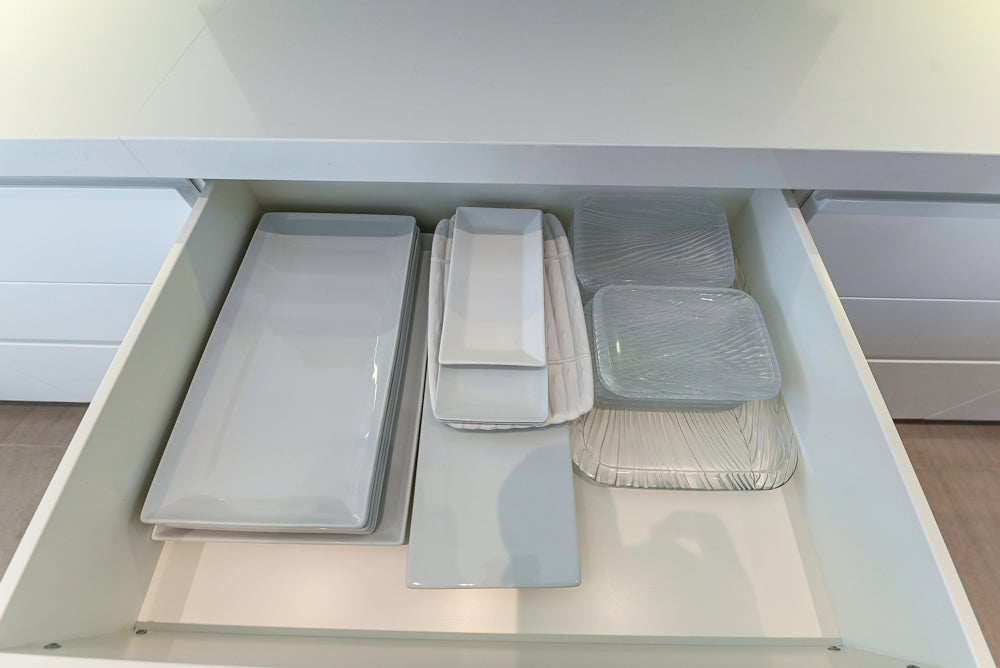 "The Arden" Modern White Gloss Kitchen with Island, Stone Countertops and 60" Wolf Range