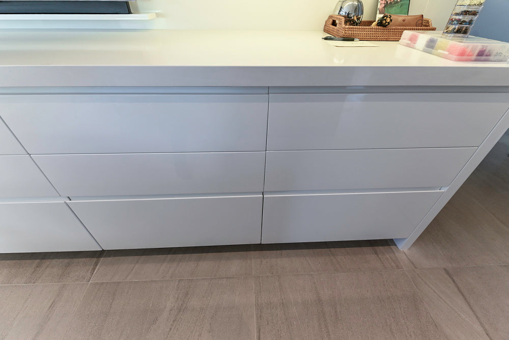 "The Arden" Modern White Gloss Kitchen with Island, Stone Countertops and 60" Wolf Range