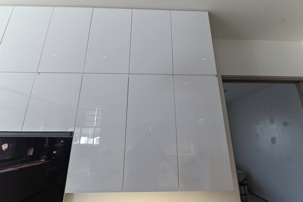 "The Arden" Modern White Gloss Kitchen with Island, Stone Countertops and 60" Wolf Range