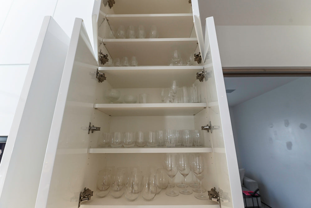 "The Arden" Modern White Gloss Kitchen with Island, Stone Countertops and 60" Wolf Range