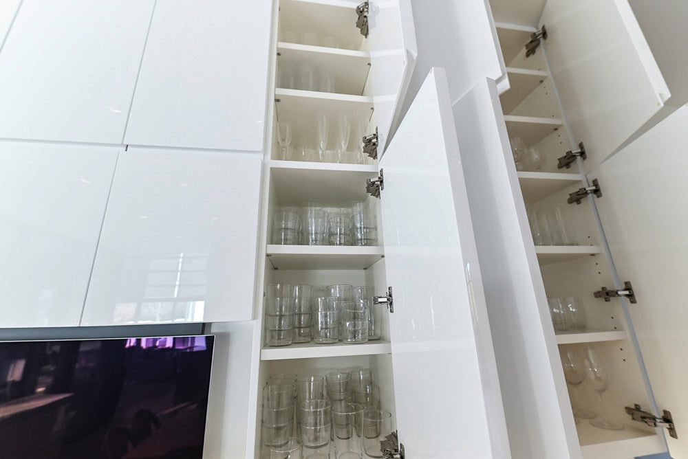 "The Arden" Modern White Gloss Kitchen with Island, Stone Countertops and 60" Wolf Range