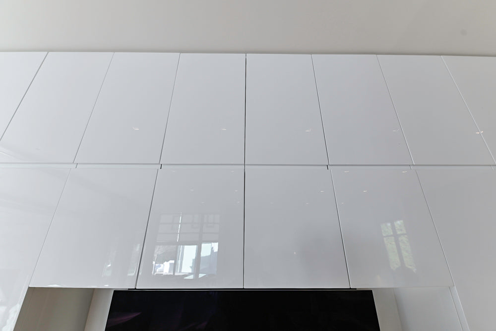 "The Arden" Modern White Gloss Kitchen with Island, Stone Countertops and 60" Wolf Range