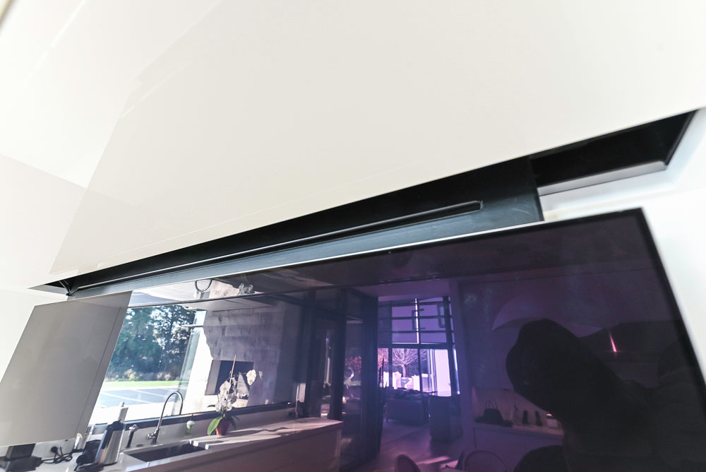 "The Arden" Modern White Gloss Kitchen with Island, Stone Countertops and 60" Wolf Range