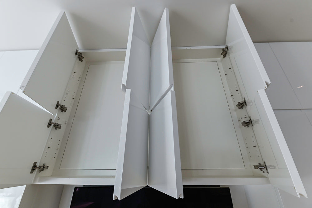 "The Arden" Modern White Gloss Kitchen with Island, Stone Countertops and 60" Wolf Range