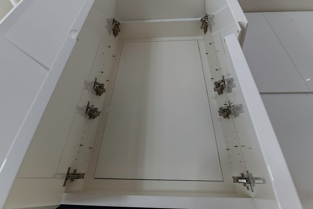 "The Arden" Modern White Gloss Kitchen with Island, Stone Countertops and 60" Wolf Range