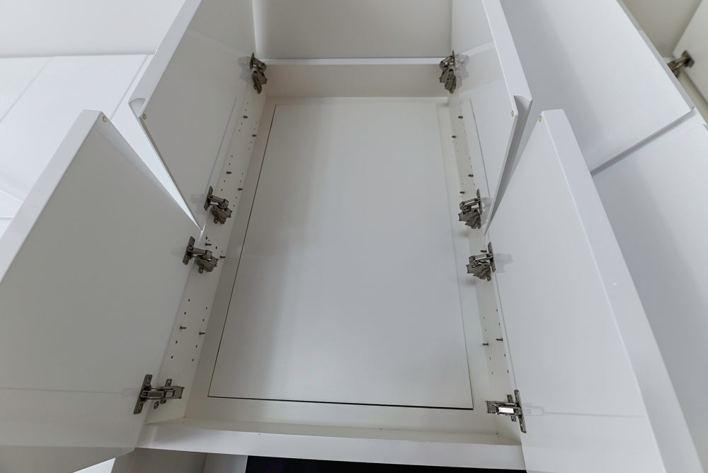 "The Arden" Modern White Gloss Kitchen with Island, Stone Countertops and 60" Wolf Range