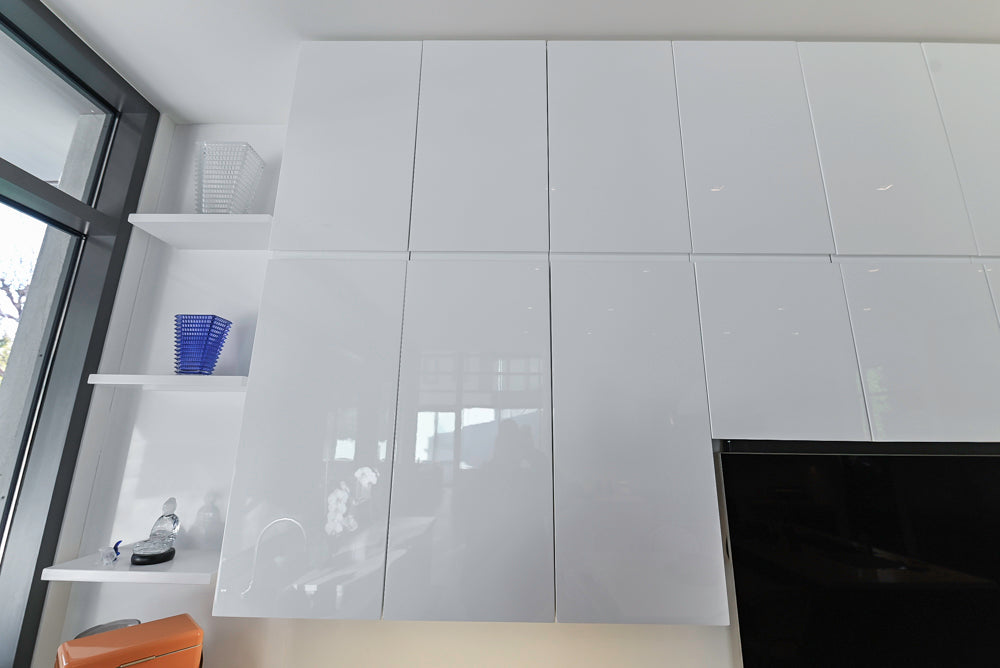 "The Arden" Modern White Gloss Kitchen with Island, Stone Countertops and 60" Wolf Range